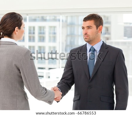 Two charismatic businesspeople shaking their hands after a meeting