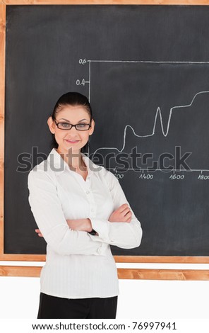 Dark-haired scientist explaining charts while looking at the camera in a lab