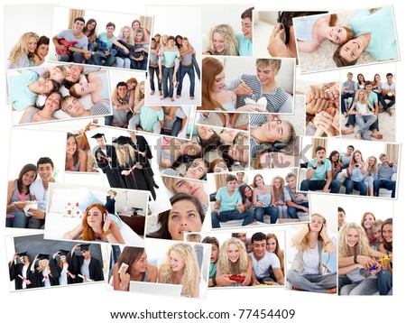Collage of groups of young people having fun together in various situations