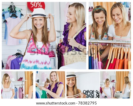 Collage of two smiling women doing shopping