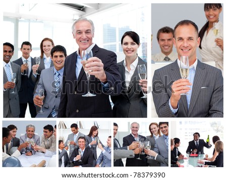 Collage of business people celebrating success with champagne