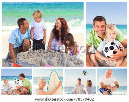 Collage of family members on a beach