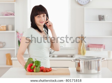 Good looking brunette woman on the phone while standing in the kitchen