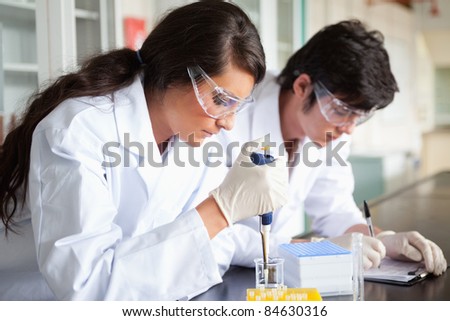 Concentrate science students making an experiment in a laboratory