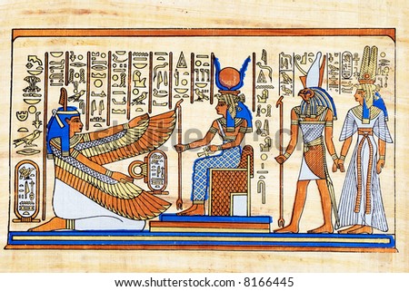 Egyptian papyrus. Isis and winged Maat together with Horus and Nefertari.