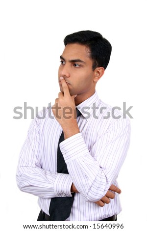 Indian business man in thinking pose isolated on a white background.