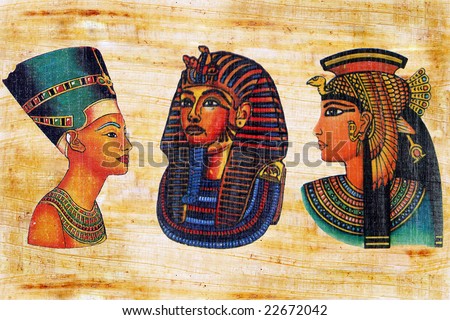 Nefertiti, Mask of tutankhamun and Queen Cleopatra on a papyrus.