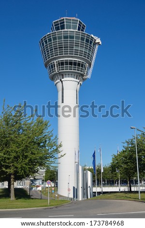 MUNICH, GERMANY - AUGUST 12: View of airport tower on August 12, 2012 in Munich, Germany. Airport Franz-Josef Strauss is the second largest in Germany. Pass every year about 30 million passengers.
