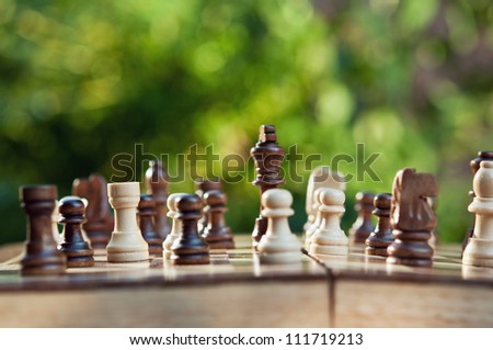 chess pieces on a table in the park