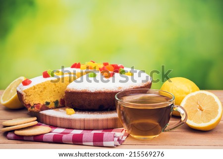 aroma tea and pie on table background