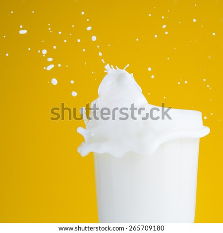 Fresh milk splash on yellow background