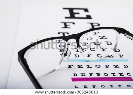 Reading eye glasses and test chart on paper