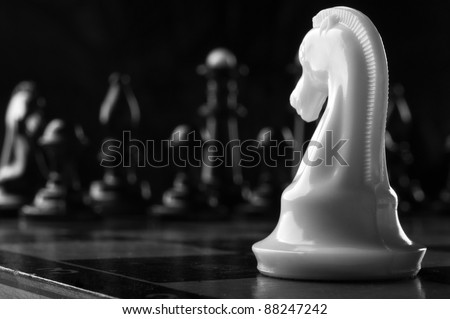 white knight chess piece on the board background