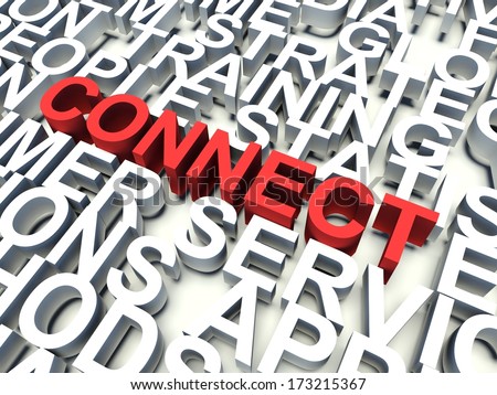 Word Connect in red, salient among other related keywords concept in white. 3d render illustration.