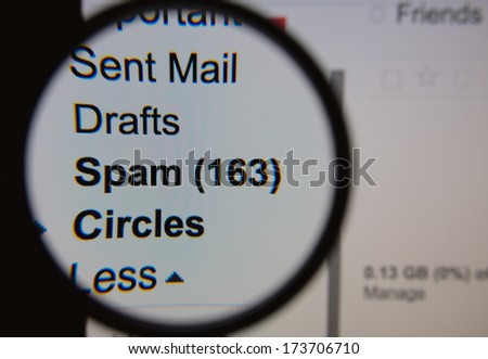Magnifying glass showing a spam folder in the mailbox on the monitor screen.