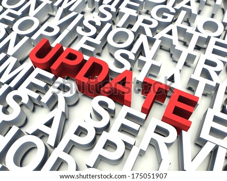 Word Update in red, salient among other related keywords concept in white. 3d render illustration.