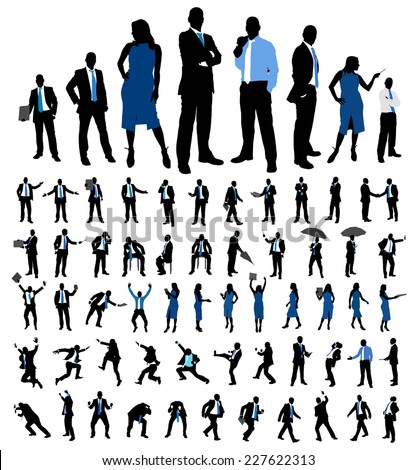 Set of business people silhouettes. Female and male different poses isolated on white. Vector illustration.