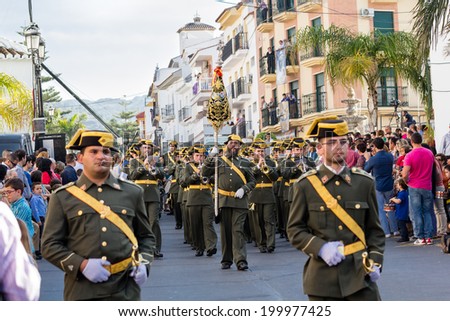 MALAGA, SPAIN - APRIL 18: Unidentified spanish musicians playing music during an Easter parade on April 18, 2014 in Alhaurin de la Torre, Malaga, Spain.