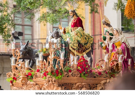Jesus Christ riding on a donkey on palm sunday (easter week). Heavy figure that is moved by manpower during a procession. Typical of Easter, Holy Week in Spain.