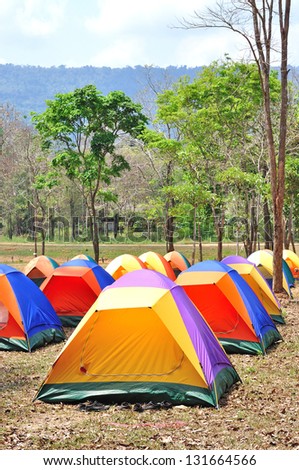 Colorful outdoor tent, forest campsite of Khao Yai national park, Thailand