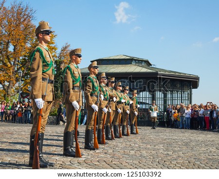 BUDAPEST - OCTOBER 03: Guards of honor at the Presidential palace on October 03, 2012 in Budapest. Honor guards are to provide funeral honors for fallen comrades and to guard national monuments.