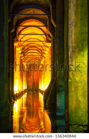 ISTANBUL - APRIL 8: Basilica Cistern interior in Istanbul, Turkey on April 08, 2013. It\'s the largest of several hundred ancient cisterns that lie beneath the city and was built in the 6th century.