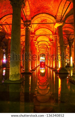 ISTANBUL - APRIL 8: Basilica Cistern interior in Istanbul, Turkey on April 08, 2013. It\'s the largest of several hundred ancient cisterns that lie beneath the city and was built in the 6th century.