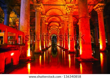ISTANBUL - APRIL 8: Basilica Cistern interior in Istanbul, Turkey on April 08, 2013. It's the largest of several hundred ancient cisterns that lie beneath the city and was built in the 6th century.