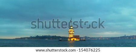 Maiden\'s island in Istanbul, Turkey at sunset time. Panoramic overview