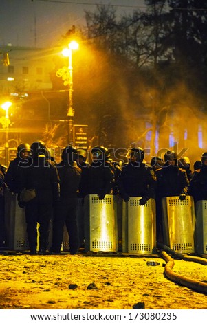 KIEV, UKRAINE - JANUARY 23: The riot police at Hrushevskogo street on January 23, 2014 in Kiev, Ukraine. The anti-governmental protests turned into violent clashes during last week.