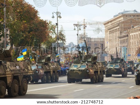 KYIV, UKRAINE - AUGUST 24: Modern Ukrainian armored troop-carriers at the military parade on August 24, 2014 in Kyiv, Ukraine. These ATCs take a part in the anti-terrorists operation in Donbass.