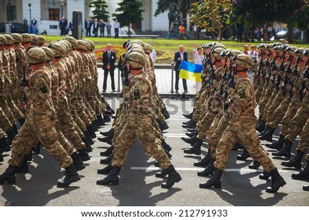 KYIV, UKRAINE - AUGUST 24: Anti-diversion squad of the Ukrainian Army at the military parade on August 24, 2014 in Kyiv, Ukraine. These guys take a part in the anti-terrorists operation in Donbass.