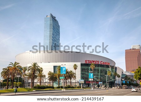 LOS ANGELES - APRIL 22: Staples Center building on April 22, 2014 in Los Angeles, California. Staples Center is a large multi-purpose sports arena in Downtown Los Angeles.