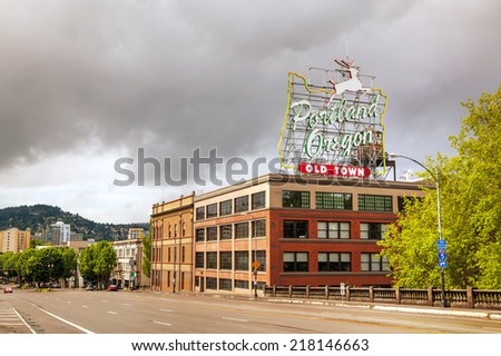 PORTLAND- MAY 04: Famous Old Town Portland Oregon neon sign on May 04, 2014 in Portland, Oregon. The sign faces westbound traffic as it enters downtown Portland coming across the Willamette River.