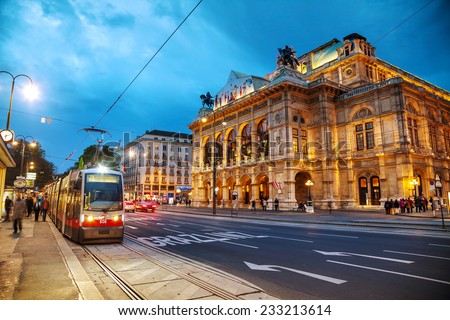 VIENNA - OCTOBER 20: Vienna State Opera at night on October 19, 2014 in Vienna. It's an opera house Ã?ÃÂ¢?? and opera company Ã?ÃÂ¢?? with a history dating back to the mid-19th century.