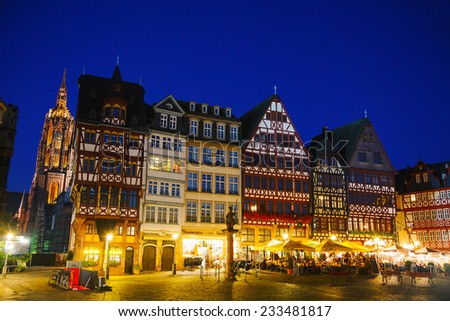 FRANKFURT - OCTOBER 14: The Old town (Altstadt) at night on October 14, 2014 in Frankfurt, Germany. It\'s located on the northern Main river bank. It is completely surrounded by the Innenstadt district
