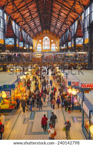 BUDAPEST - OCTOBER 22: The Great Market Hall in Budapest on October 22, 2014 in Budapest, Hungary. It\'s the largest and oldest indoor market in Budapest.