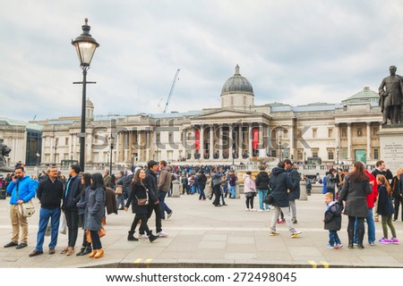 LONDON - APRIL 5: National Gallery building at Trafalgar square on April 5, 2015 in London, UK. Founded in 1824, it houses a collection of over 2,300 paintings dating from the mid-13th century to 1900