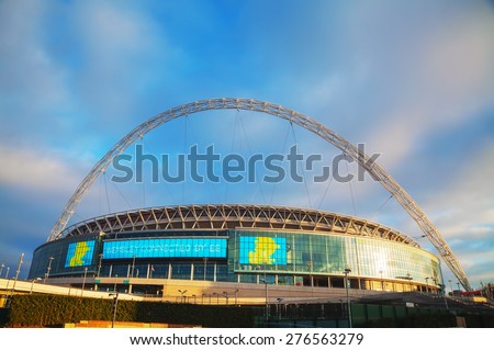 LONDON - APRIL 6: Wembley stadium on April 6, 2015 in London, UK. It\'s a football stadium in Wembley Park, which opened in 2007 on the site of the original Wembley Stadium which was demolished in 2003