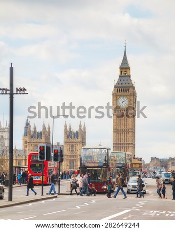 LONDON - APRIL 5: London with the Elizabeth Tower on April 5, 2015 in London, UK. The tower is officially known as the Elizabeth Tower, renamed as such to celebrate the Jubilee of Elizabeth II.