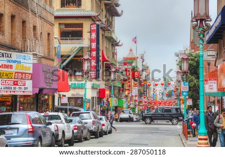 SAN FRANCISCO - APRIL 24: China town main street on April 24, 2014 in San Francisco, California. It\'s the only authentic Chinatown Gate in North America.