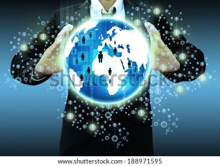 Business people holding social network with globe