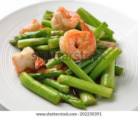 thai food , Asparagus stir fried with prawns