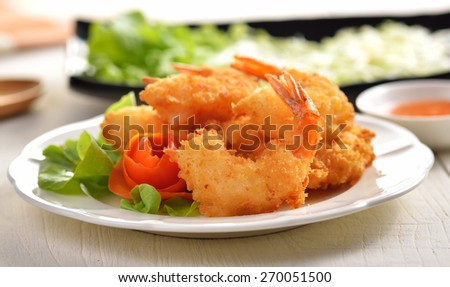 Fried Shrimp with vegetable on white plate
