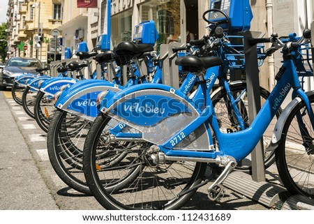 NICE, FRANCE -  MAY 26: City bicycle sharing station on May 26, 2012 one of 120 stations in Nice. This service offers over 1200 self-service bicycles.