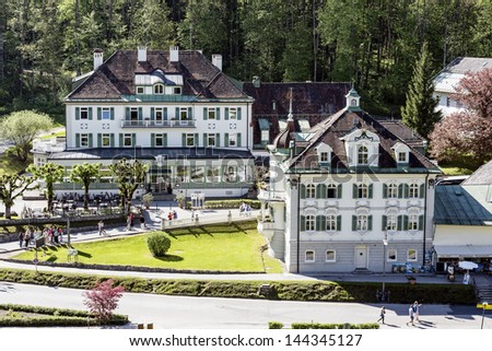 HOHENSCHWANGAU - MAY 18: Schlosshotel Lisl and Villa Jagerhaus hotel complex of the XIX century, renovated in 1994, contains a total of 47 spacious rooms in Hohenschwangau in Germany on May 18, 2013