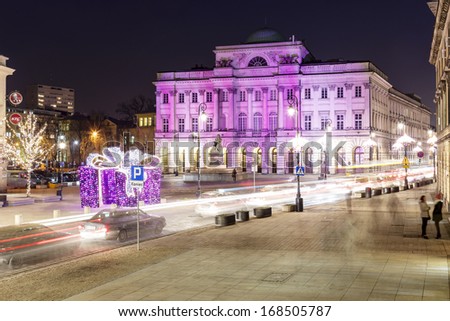 WARSAW - DECEMBER 19: Staszic Palace built in the years from 1820 to 1823, during World War II in 1944 destroyed by the Germans, rebuilt in 1947 to 1950, in Warsaw in Poland on December 19, 2013