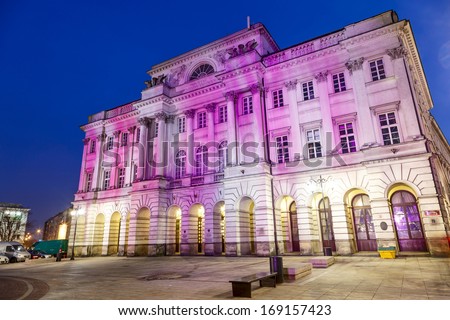 WARSAW - DECEMBER 19: Illuminated Staszic Palace, built in the years from 1820 to 1823, during World War II in 1944 destroyed, rebuilt in 1947 to 1950, in Warsaw in Poland on December 19, 2013