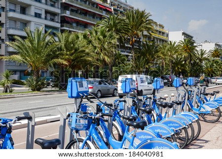 NICE, FRANCE - MAY 30, 2012: One of the 120 stations belonging to bike sharing service that offers a total of more than 1,200 self-service bicycles