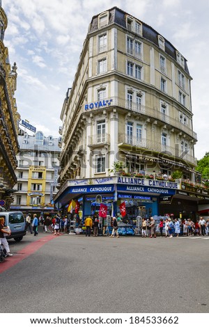 LOURDES, FRANCE - JUNE 06, 2012: The Hotel Royal, three star hotel offers 60 guest rooms, located in close proximity to places of worship, 50 meters from the entrance to The Rosary Basilica